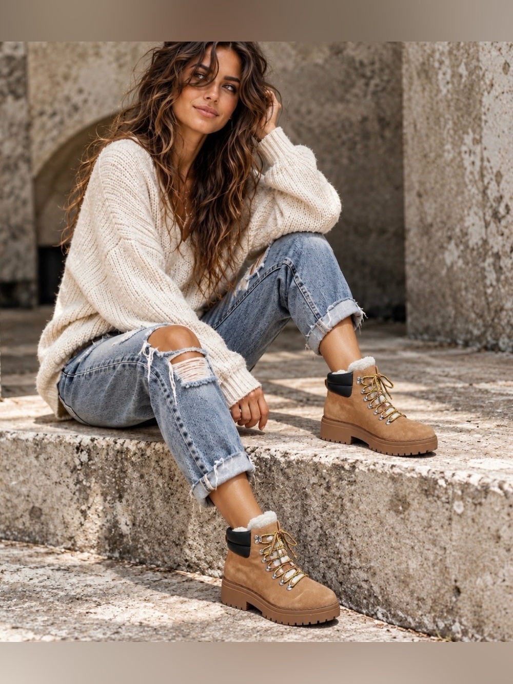 NWT Marc Fisher Women’s Nairy Lace Up Shearling Lug Boot